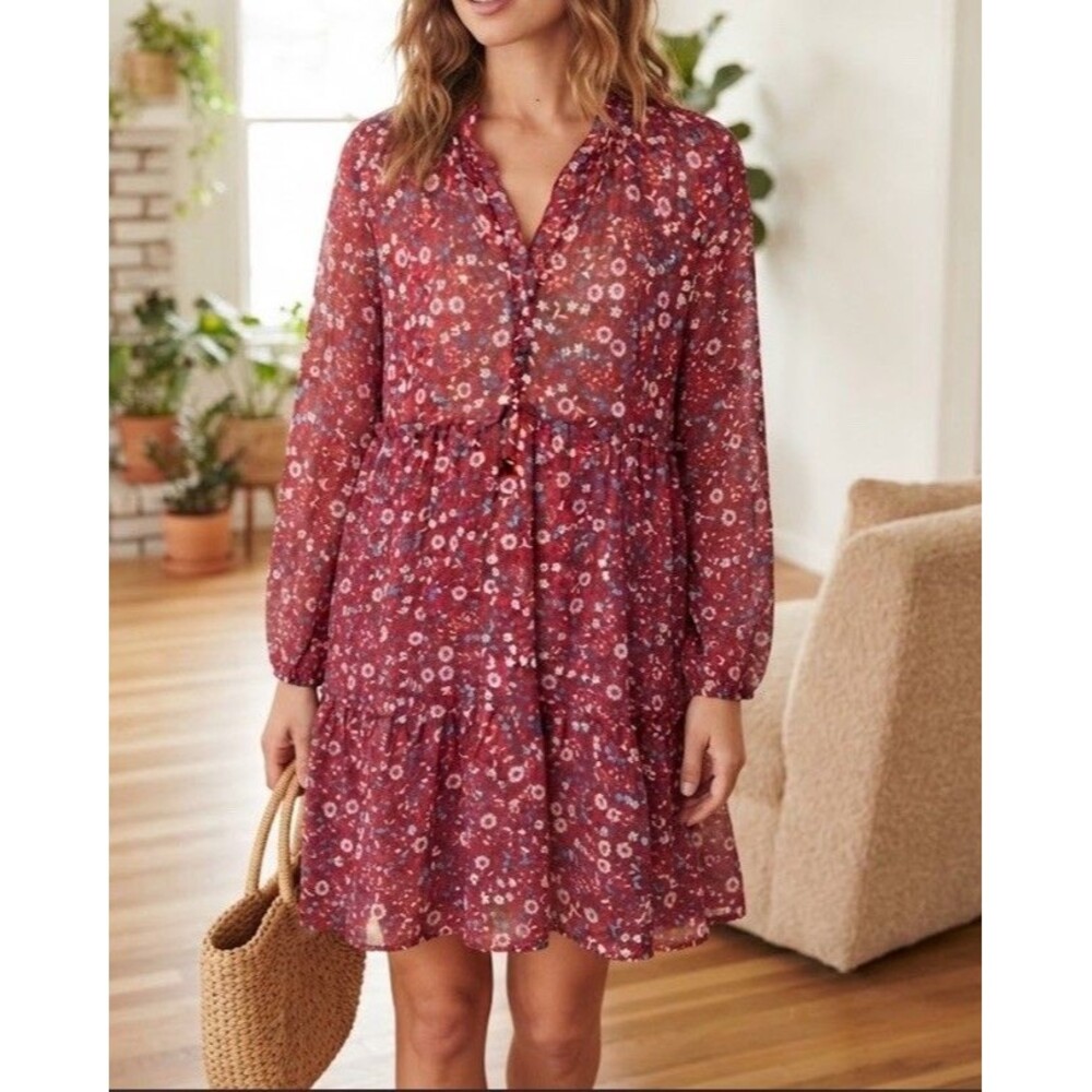Zara Red Floral Ruffle Tiered Chiffon Mini Dress Sz S Bohemian Cottagecore